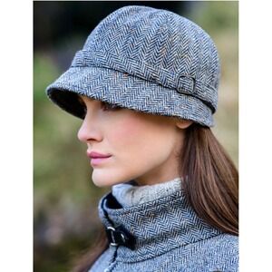 New NWT Mucros Weavers 100% Wool Grey Herringbone Tweed Adjustable Flapper Hat
